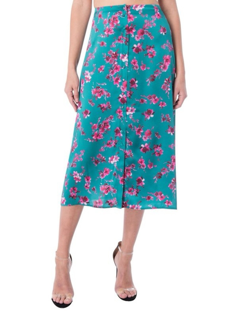 Cami NYC Teal Midi Skirt with Pink Floral Print - Annabelle size S 100% Silk